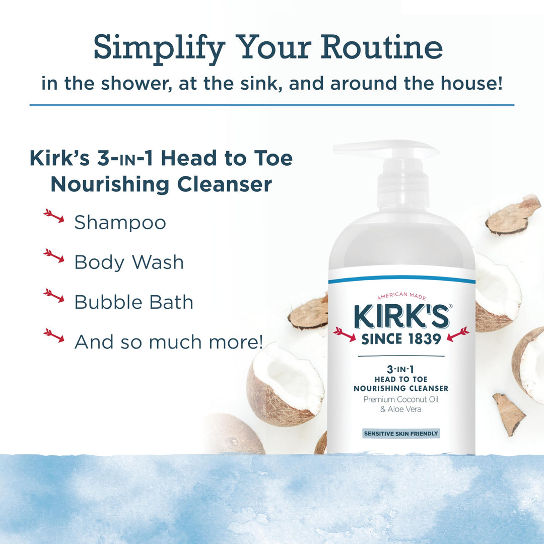 3-in-1 Castile Liquid Soap by Kirk’s | Head-to-Toe Natural Shampoo, Face Soap & Body Wash for Men, Women & Children | Coconut Oil + Aloe Vera | Original Fresh Scent | 32 Fl Oz. Pump Bottle