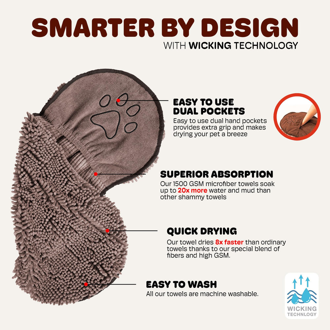 The Dirty Dog Shammy - Fast Drying Plush Shammy Towel with Dual Hand Pockets and Elastic - Super Absorbent Microfiber and Machine Washable - Grey