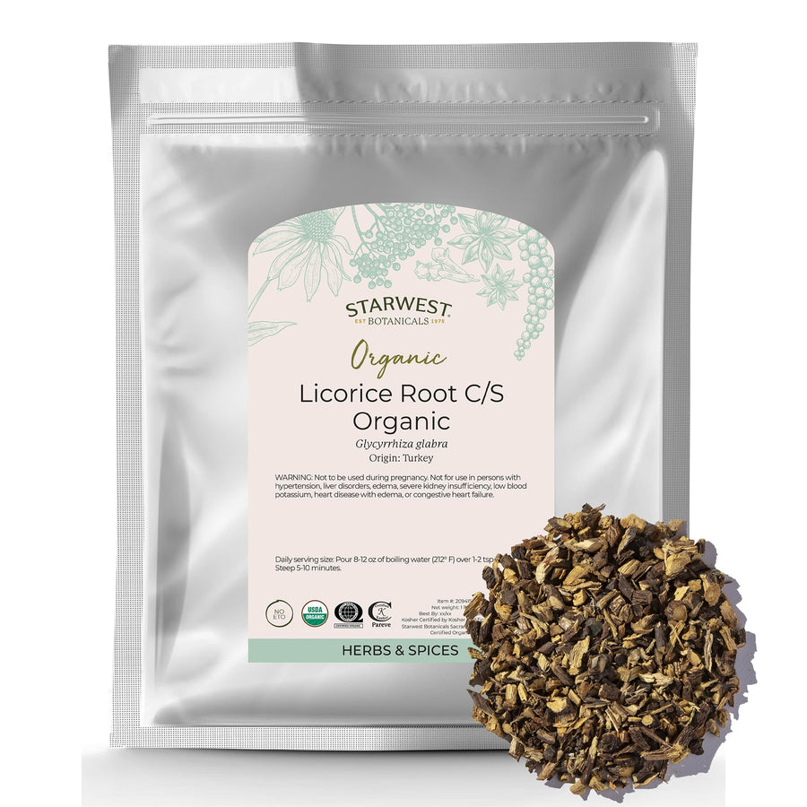 Organic Dried Licorice Root - Herb for Loose Leaf Tea Blends, Candy, & Baked Goods, Cut & Sifted, Certified Kosher, Non-GMO - Bulk 1 lb Bag