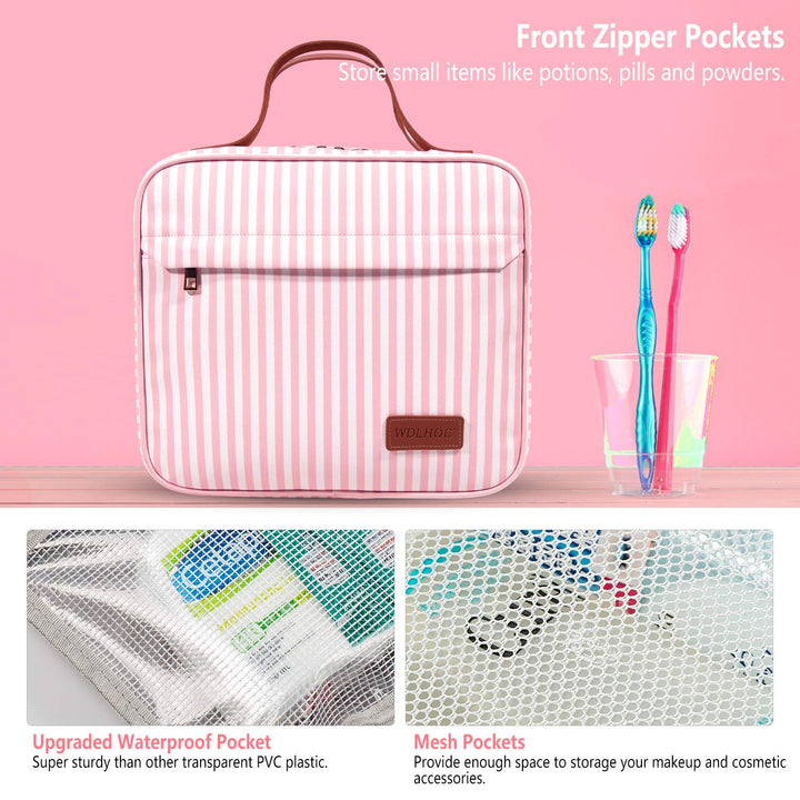 Hanging Travel Toiletry Bag with Hook | Water Proof Zip Bag with 4 Compartments + 2 Outer Zip Pockets | Cosmetic Travel Bag for Toiletries | Travel Essentials for Women & Men (Pink Stripe)