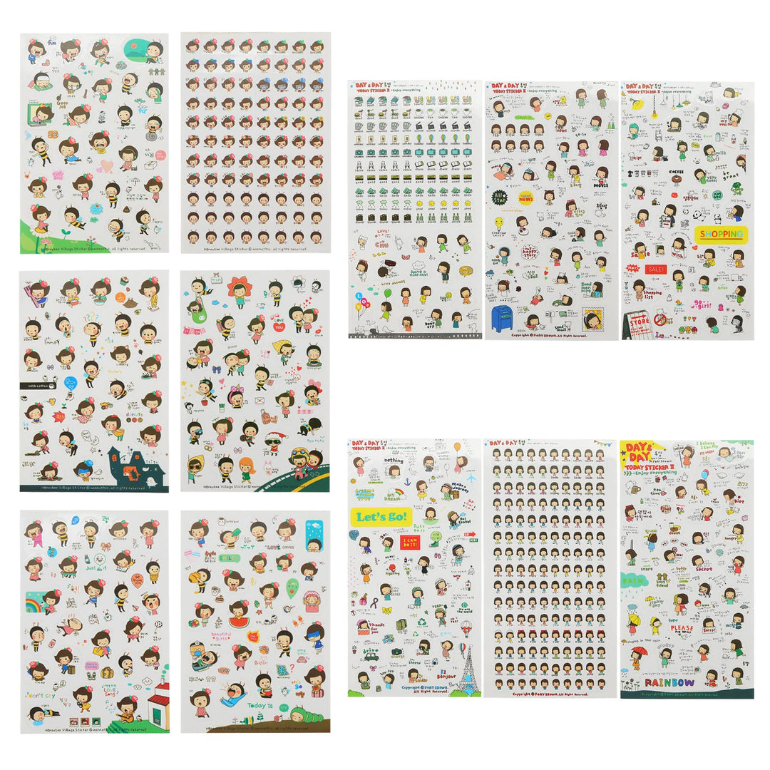 12 Sheets Happy Girl DIY Scrapbook Sticker, Kawaii Cartoon Korean Planner Stickers Set for Diary,Book,Phone and Photo Album