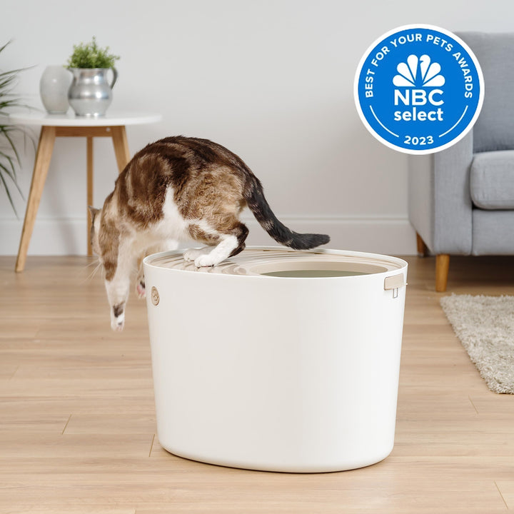 USA Cat Litter Box, Top Entry Litter Box with Scoop, Stylish Round Cat Litter Box Enclosure, Kitty Litter Box, White/Beige