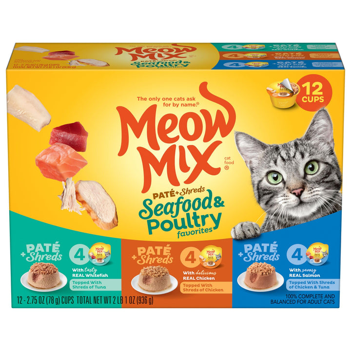 Paté & Shreds Wet Cat Food Variety Pack, Seafood & Poultry Favorites, 2.75 Ounce Cup (Pack of 12)
