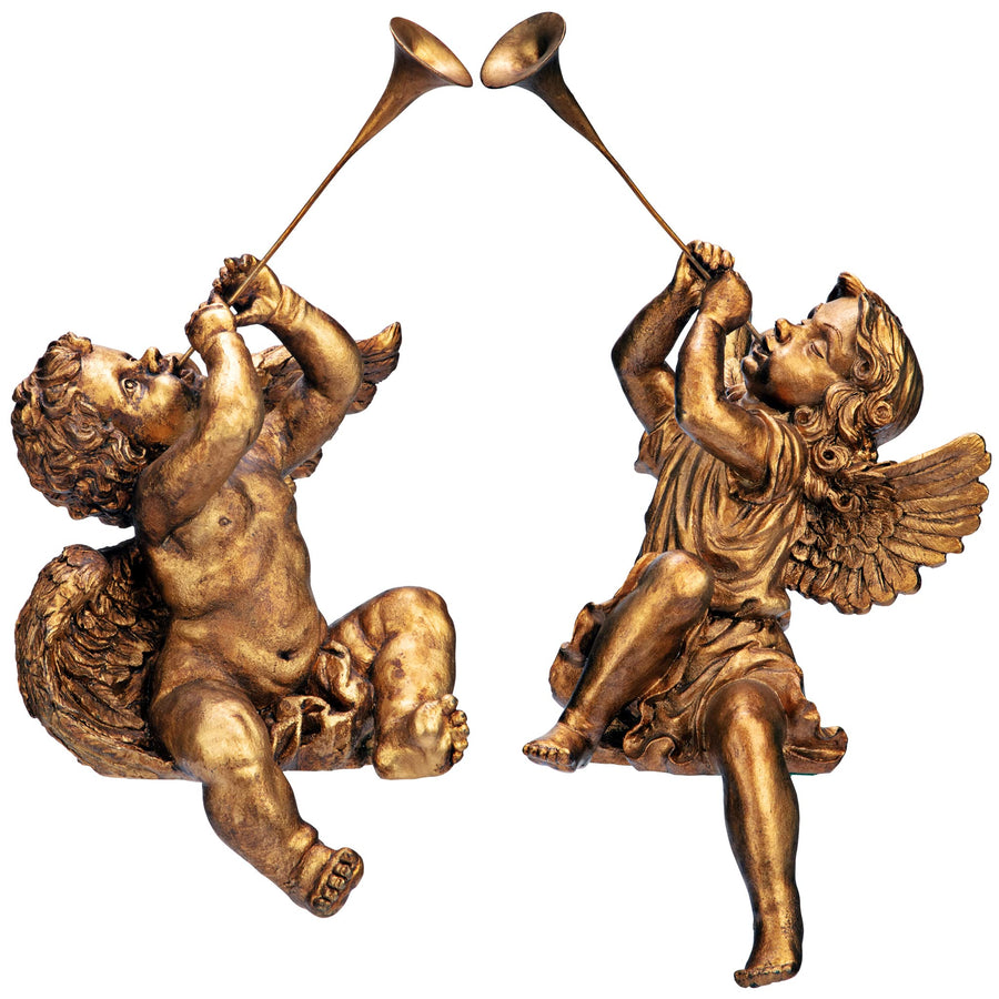 Christmas Decorations-Trumpeting Boy and Girl of St. Peters Square-Holiday Angel Statue, Set of 2, Gold, 2 Count