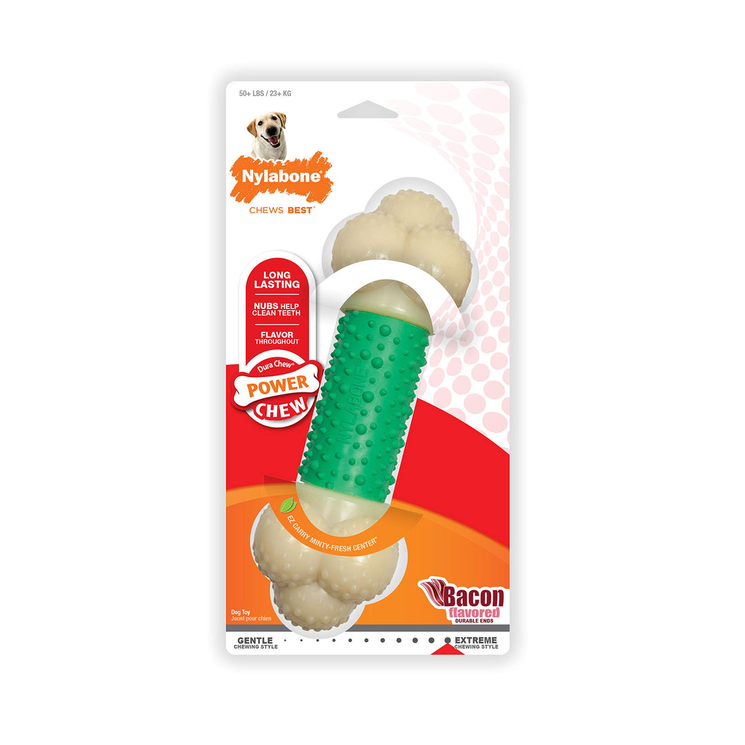 Double Action Bone Power Chew Toy for Dogs, Dog Toys for Aggressive Chewers, Bacon Flavor, X-Large - 50+ lbs, 1 Count