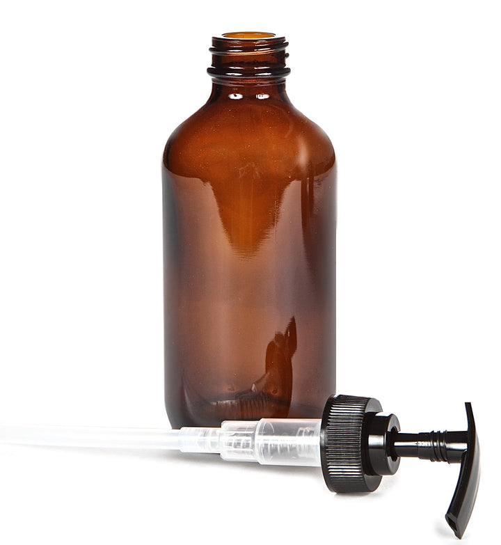 , 4, Large, 8 oz, Empty, Amber Glass Bottles with Black Lotion Pumps