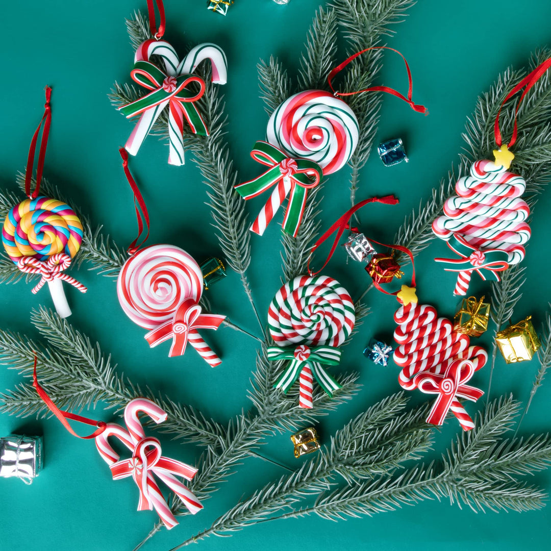 8 Pieces Christmas Lollipop Ornaments,Christmas Candies Polymer Clay Ornament,Xmas Decor Candy Cane Hanging Decorations,Sweets Candy Pendant Xmas Tree Party Supplies