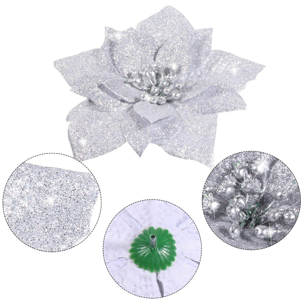 24 Pieces Glitter Poinsettia Artificial Christmas Flowers Poinsettia Decorations Wedding Christmas Tree Ornaments, 3/4/6 Inches (Silver)