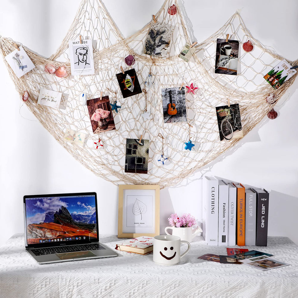 28 Pcs Fishnet Decorative Nature Fish Net Wall Decoration Set 79 x 59 Inch Nautical Fishing Net Hanging Decor, 9 Sea Shells, 4 Starfish, 2 Life Ring, Fish, Anchor, 10 Clips for Party (White)
