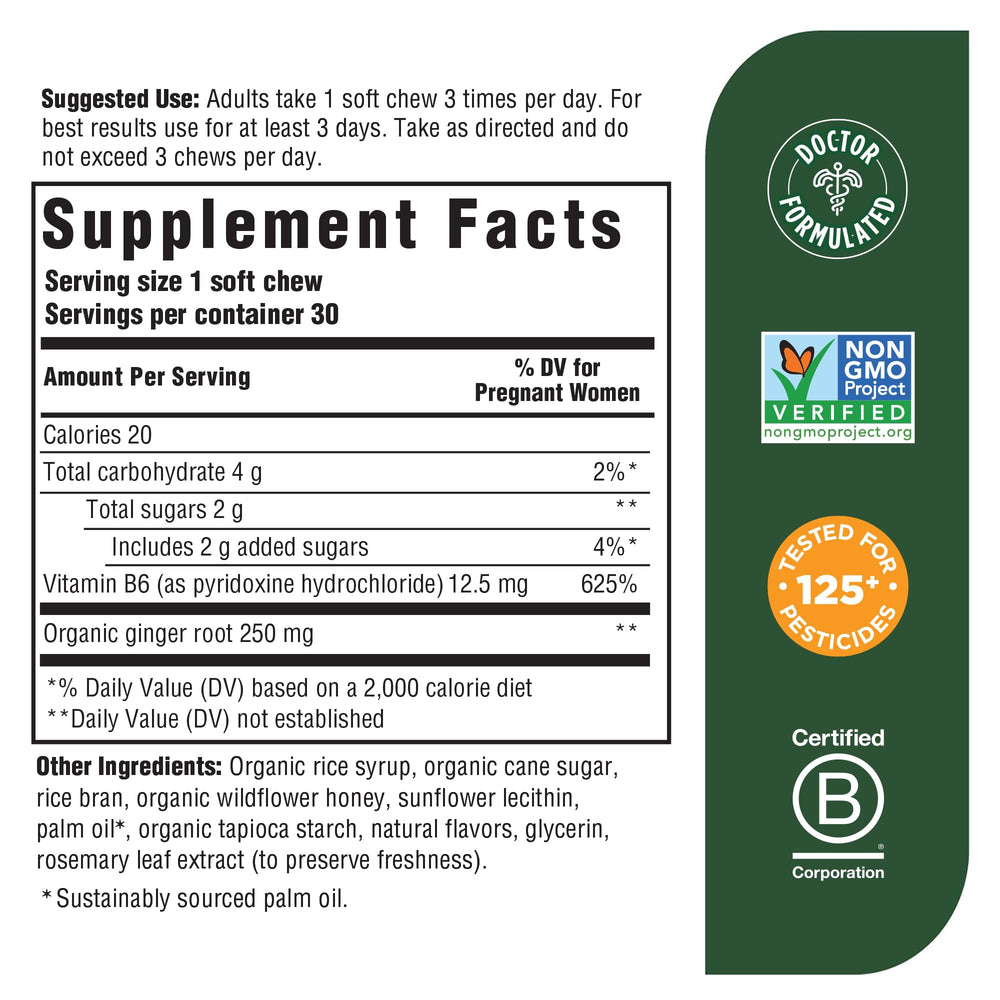 Baby & Me 2 Prenatal Morning Sickness Relief Soft Chews -With Real Ginger and Vitamin B6 - Vegetarian - Made Without 9 Food Allergens - Honey Lemon Ginger Flavor - 30 Chews