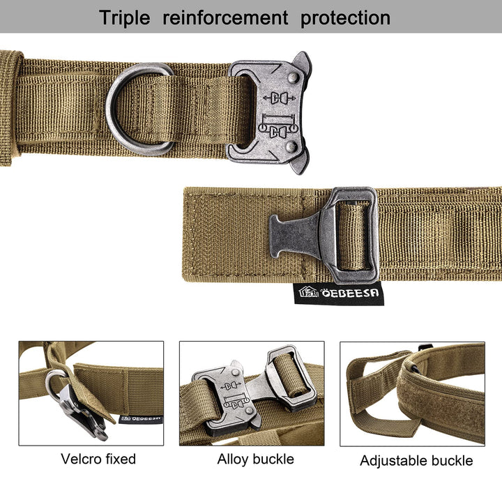 Tactical Dog Collar Adjustable Military Collar: - Nylon K9 Collars with Handle and Heavy Duty Metal Buckle for Medium Dogs with 3 Patches and Airtag Case Holder (M, Brown)