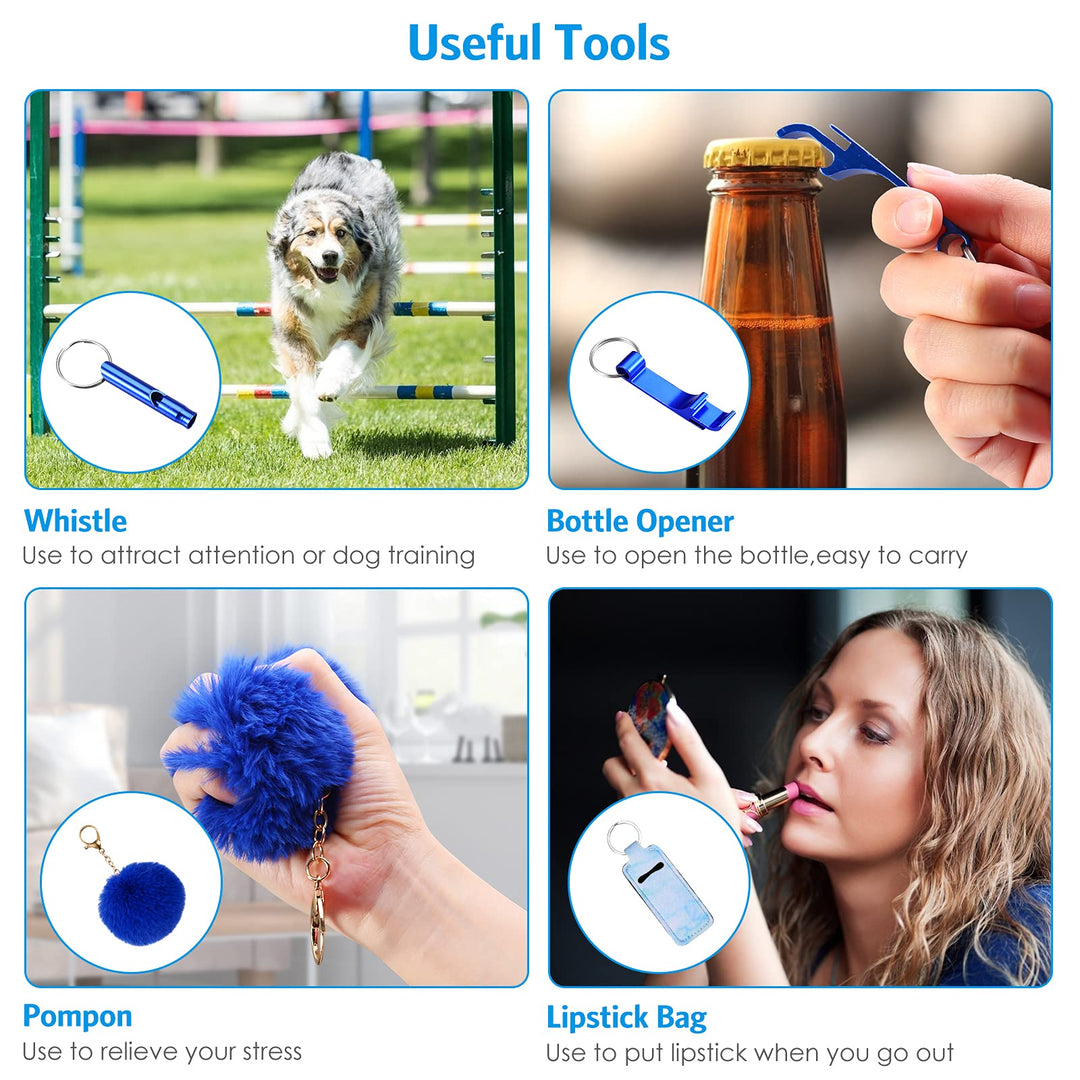Safety Keychain Set for Women and Kids, 10 Pcs Safety Keychain Accessories, Self Defense Keychain Set for Girls with Safe Sound Personal Alarm, No Touch Door Opener, Whistle and Pom, Blue