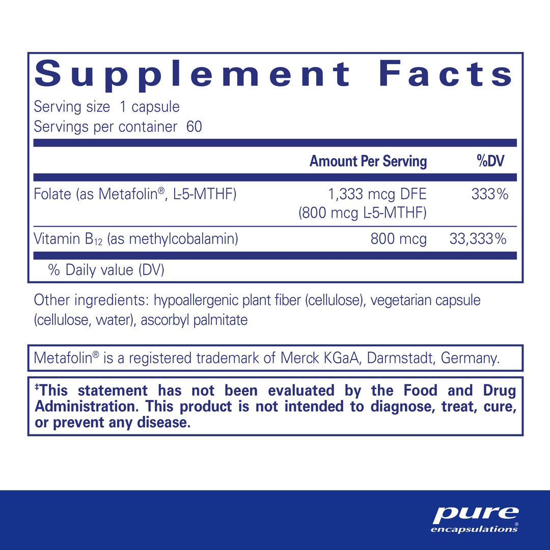 B12 Folate - Energy Supplement to Support Nerves, Energy Metabolism & Cognitive Support* - with Vitamin B Folate as Metafolin - 60 Capsules