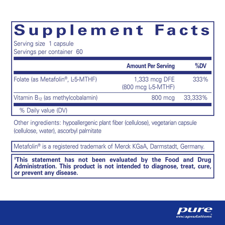 B12 Folate - Energy Supplement to Support Nerves, Energy Metabolism & Cognitive Support* - with Vitamin B Folate as Metafolin - 60 Capsules