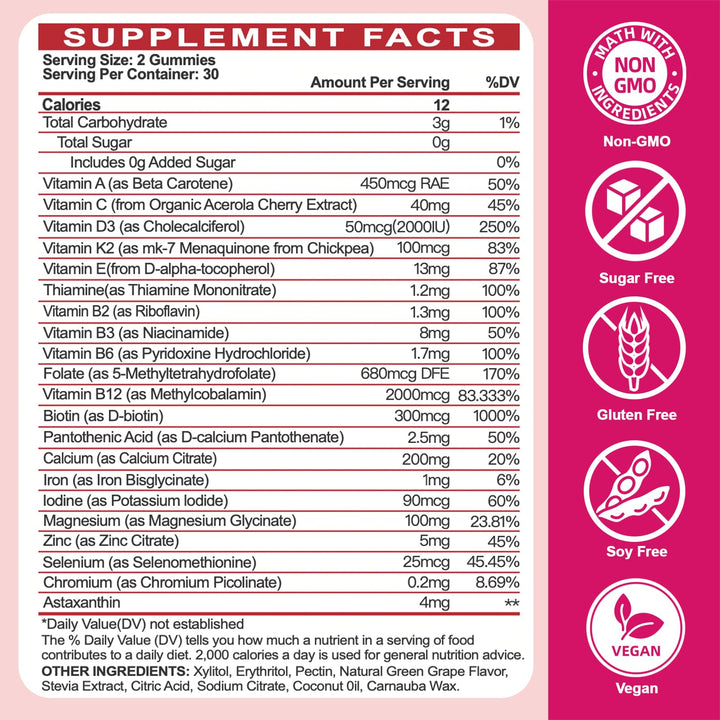 Sugar-Free Womens Multivitamin Gummies - High Absorption Multivitamin for Women Gummy with Omega-3, Astaxanthin, Calcium, Iron, Vitamin A, C, D3, K2, E, B6, B12 - Supports Skin, Hair, Energy, Immune