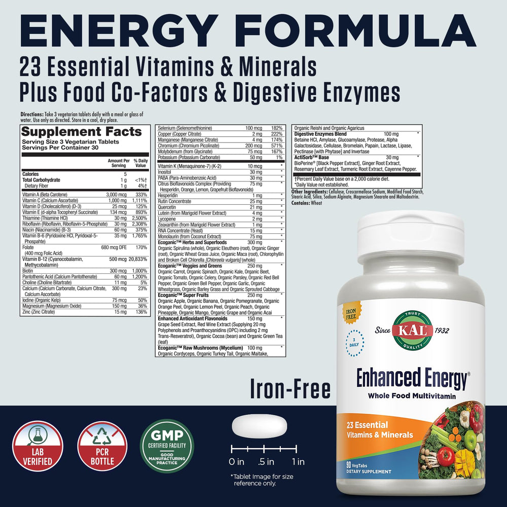 Enhanced Energy Supplements, 3 Daily - Whole Food Multivitamin for Women and Men, Iron Free - 23 Essential Vitamins, Minerals, Super Foods, Digestive Enzymes, 60-Day Guarantee, 30 Serv, 90 VegTabs