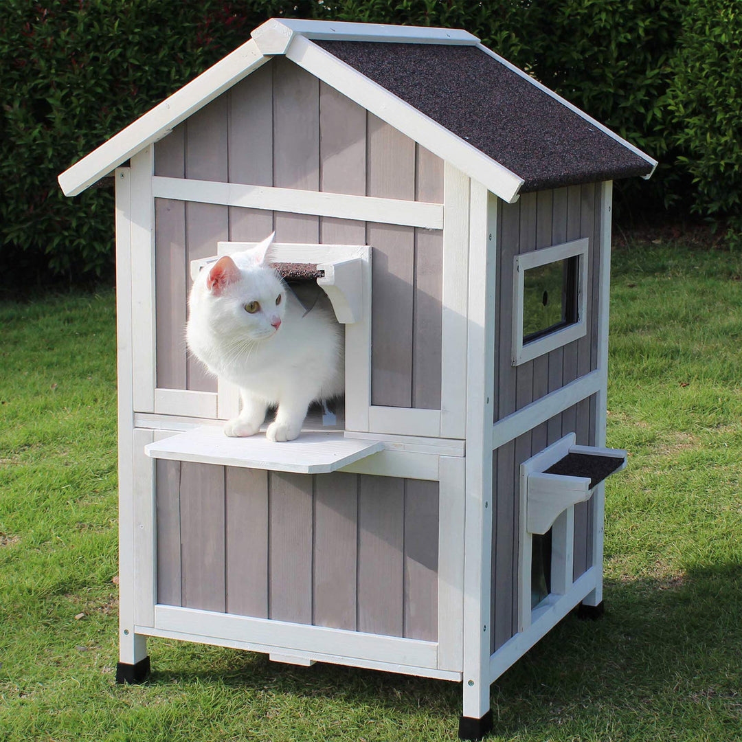 Outdoor Cat House, Large Outdoor Houses for Feral Cats Wooden Outside Cat Shelter Weatherproof with Escape Door