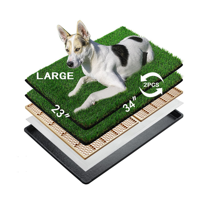 Dog Grass Pee Pads for Dogs with Tray | Large 34×23 in | 2× Dog Artificial Grass Pads Replacement| Rapid Drainage | Indoor Dog Litter Box | Hemmed Edge