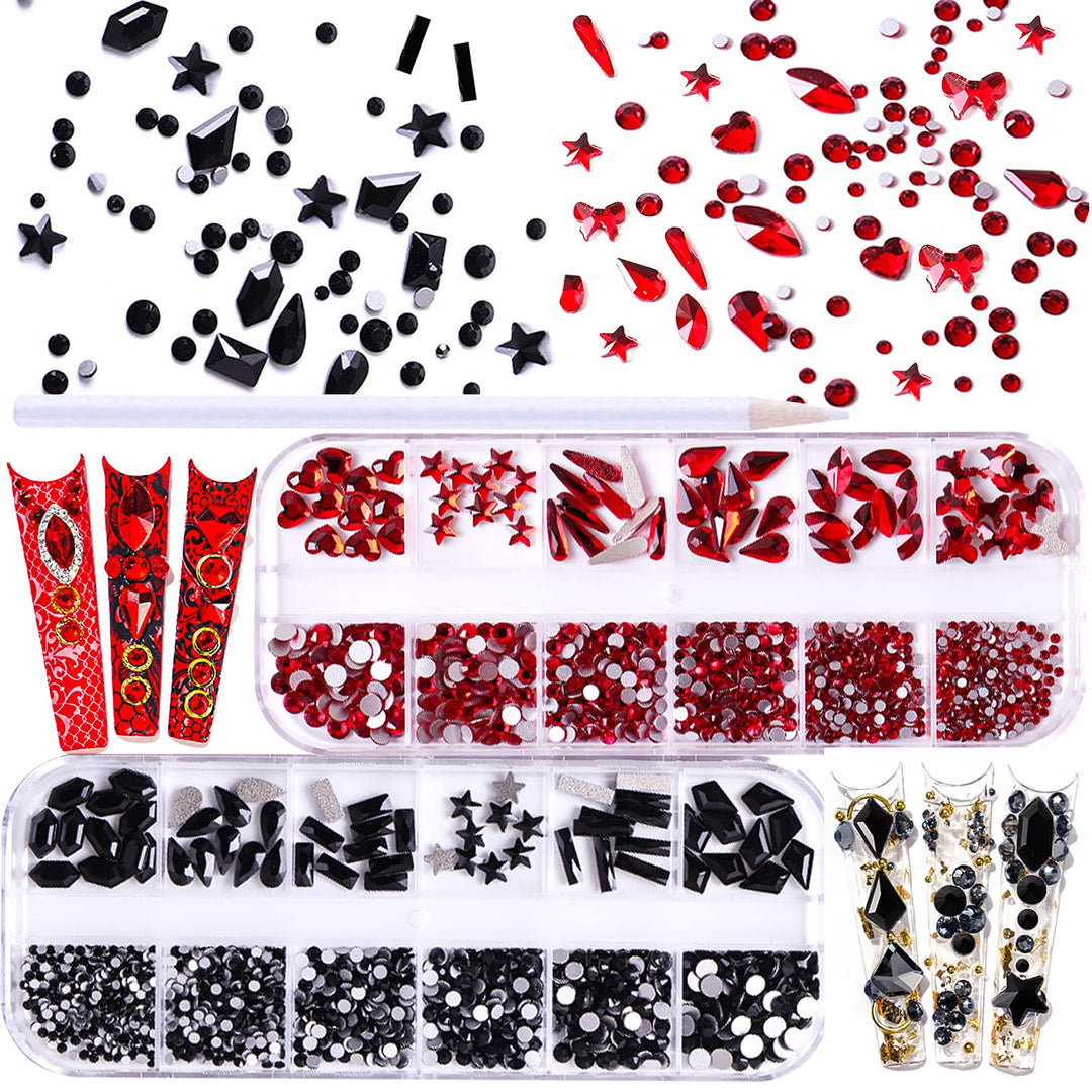 1620pcs Flat Back Jet Black Nail Rhinestones Red Nail Rhinestones Round Beads Crystals Glass Gems Stones Multi Shapes Sizes With Picking Pen for Crafts Nail Face Art Clothes Shoes Bags DIY