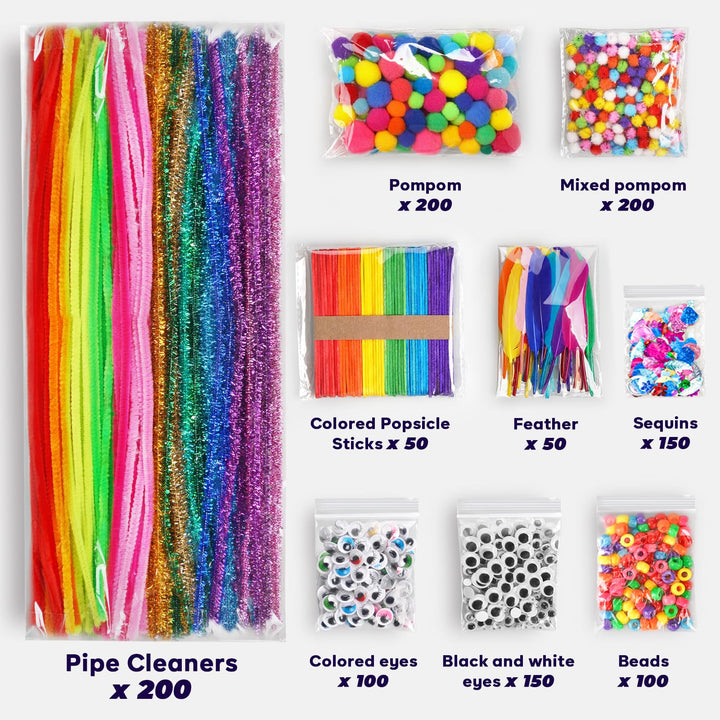 1200pcs+ Arts and Crafts Supplies for Kids - Craft Kits with Pipe Cleaners, Pom Poms for Crafts, Popsicle Sticks for Crafts, Crafts for Kids Ages 4-8, Birthday Gifts for Kids, Girls & Boys