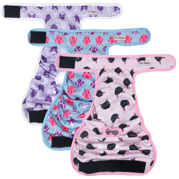 Washable Dog Diapers (3 Pack), Reusable Dog Diapers for Doggie Heat Period, Reusable Doggie Diaper for Female Dogs (Cat, Owl, Medium)