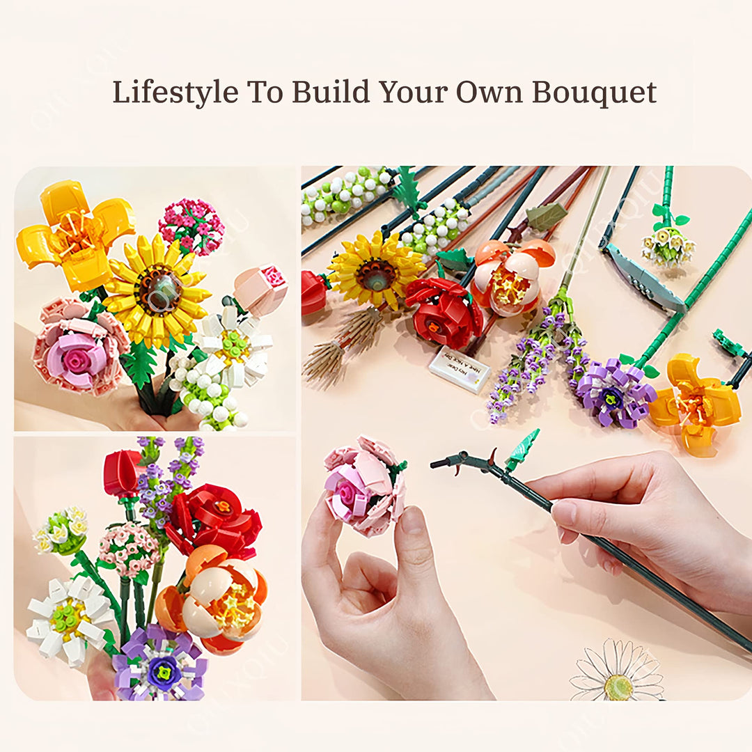 QUIXQIU Mini Bricks Flower Bouquet Building Sets, Artificial Flowers Kit 568 Pieces Botanical Collection, Building Project Gift Idea for Ages 8-12 yrs Old Girl