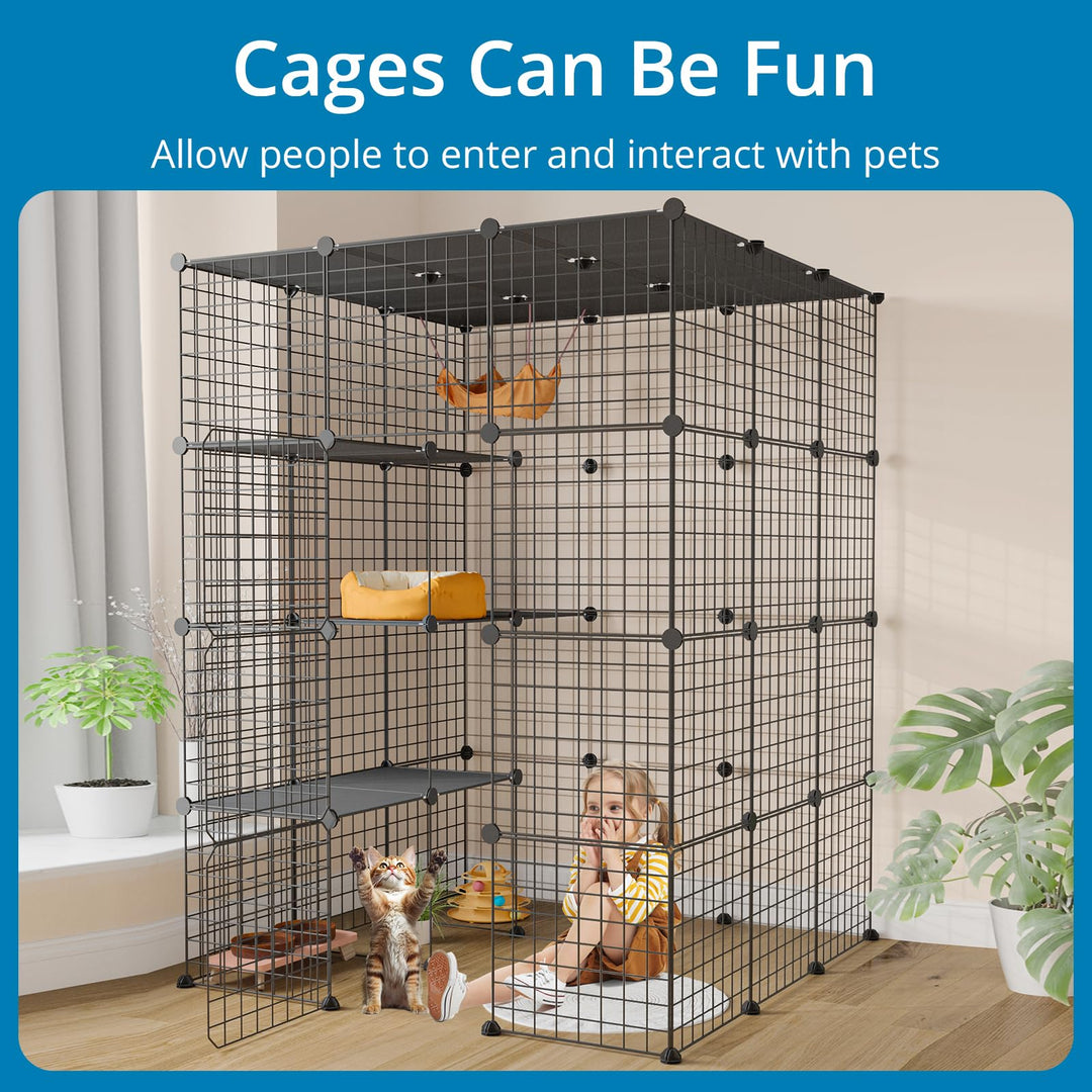 Large Cat Cage, Enclosures Indoor with Balcony, DIY Playpen Detachable Metal Wire Kennels Crate 3x3x4 Large Exercise Place Ideal for 1-3 Cats