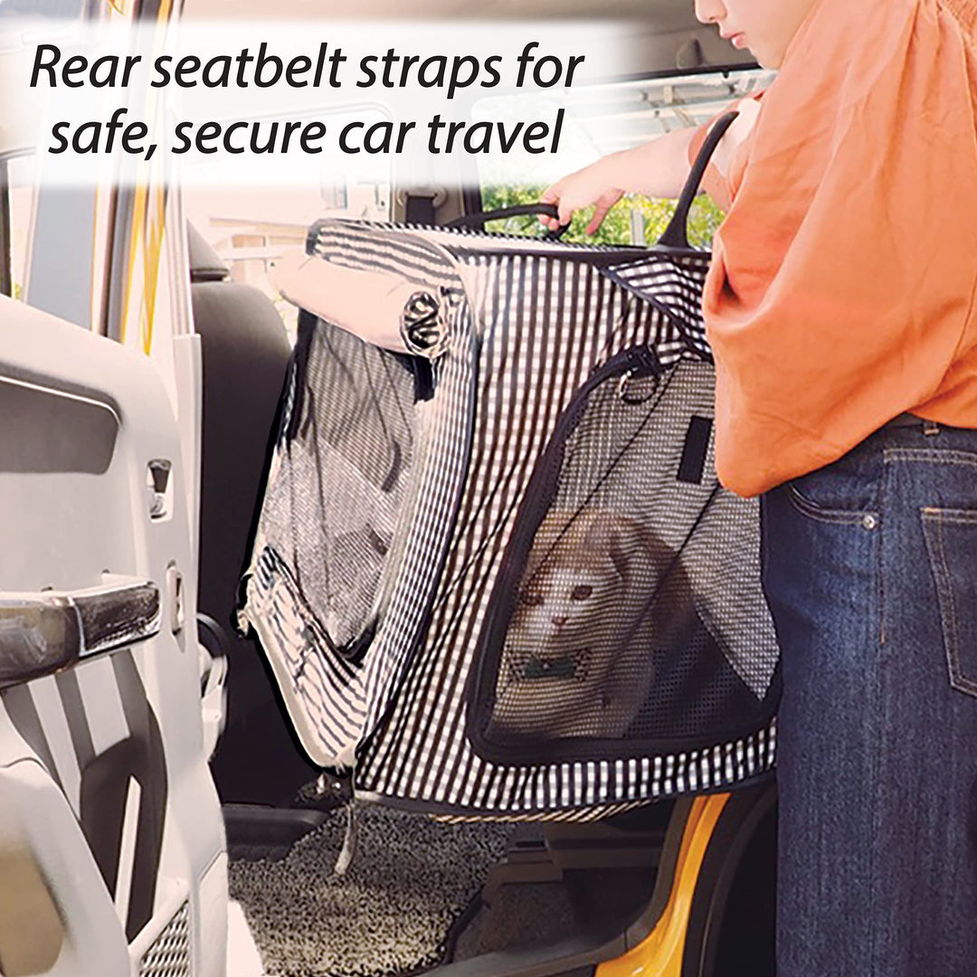 Necoichi Stress-Free Enclosure Cat Travel Carrier Cage 31.8 L x 20.0 W x 20.0 H with Litter Box Set Collapsible Gray White Stripes | Pop up Kannel, Crates
