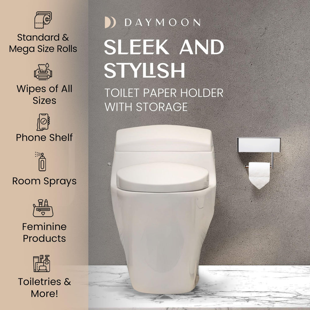 Day Moon™ Chrome Toilet Paper Holder with Shelf - Wipe Holder for Bathroom, Flushable Wipes Dispenser, Toilet Paper and Wipes Holder - Toilet Paper Holder with Storage, Toilet Paper Holder Wall Mount