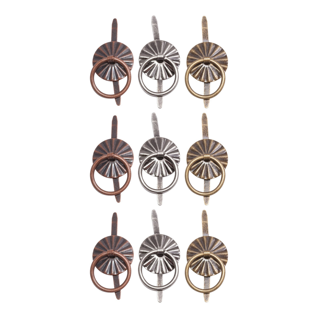 Ring Fasteners, 9 Brad Fasteners with Fluted Tops and Attached Jump Rings, Nickel, Brass, Copper, Craft Embellishments, TH93060
