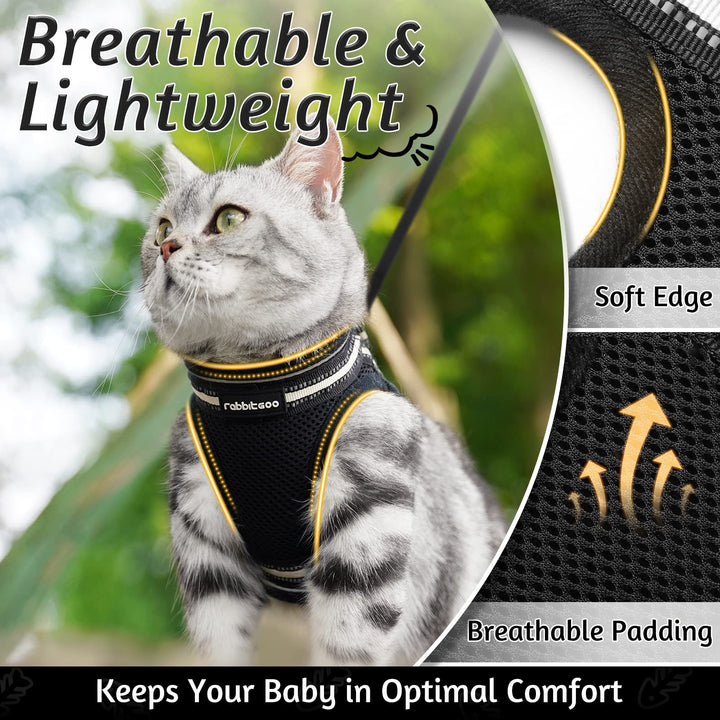 Cat Harness and Leash Set for Walking Escape Proof, Adjustable Soft Kittens Vest with Reflective Strip for Cats, Comfortable Outdoor Vest, Black, S