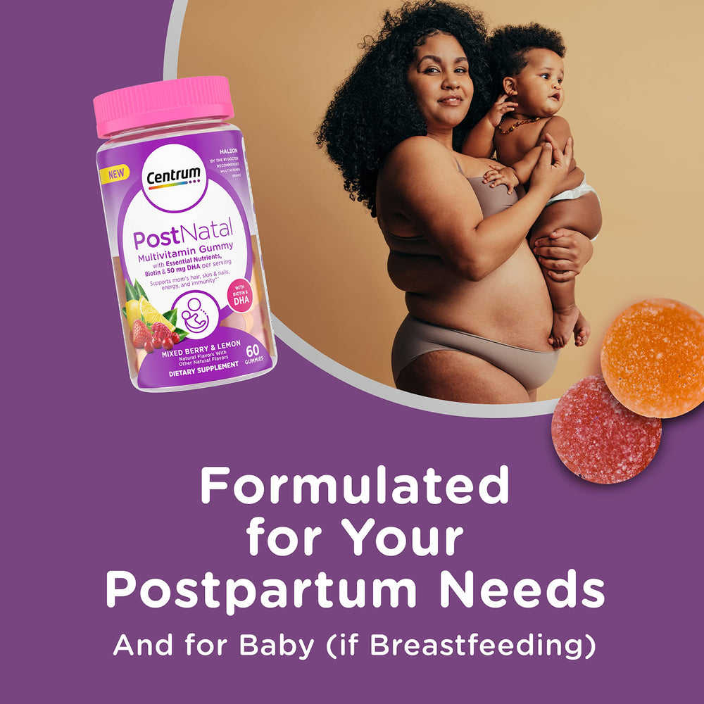 Postnatal Multivitamin Gummies with Biotin and DHA, Mixed Berry and Lemon Flavors - 60 Count, 30 Day Supply