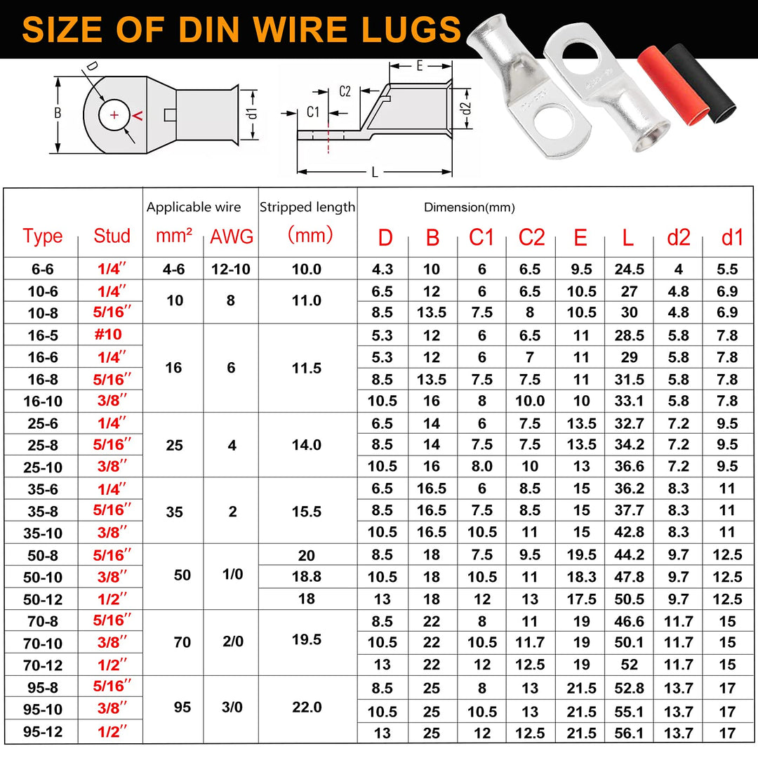 Battery Wire Lugs 12-10AWG 1/4 Stud(M6), 20pcs Heavy Duty Battery Cable Ends, Copper Eyelets Terminal Connectors,Tubular Ring Terminals with 3:1 Dual Wall Heat Shrink Tubing, TKL6-6