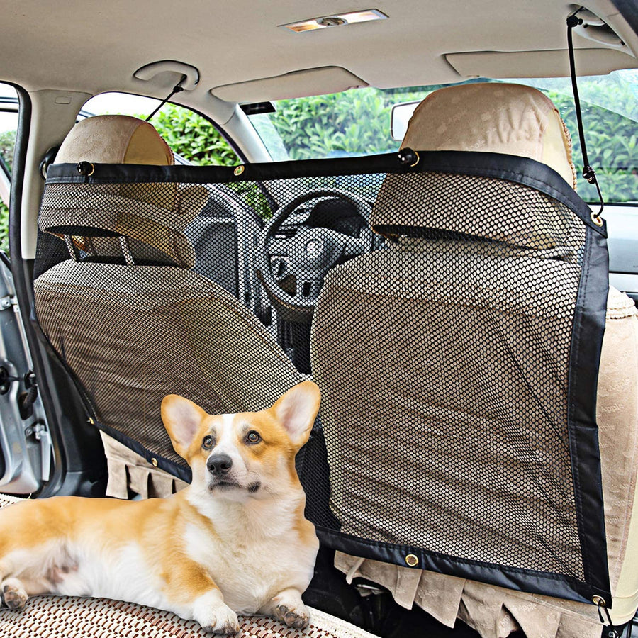 Dog Car Barrier, Adjustable Dog Net for Car Between Seats, Pet Net Barrier Front Seat, SUV Car Mesh Barrier Back Seat with Flexible Bungee Cords and Hooks, Universal Fit Sturdy Mesh Front Seat Barrier