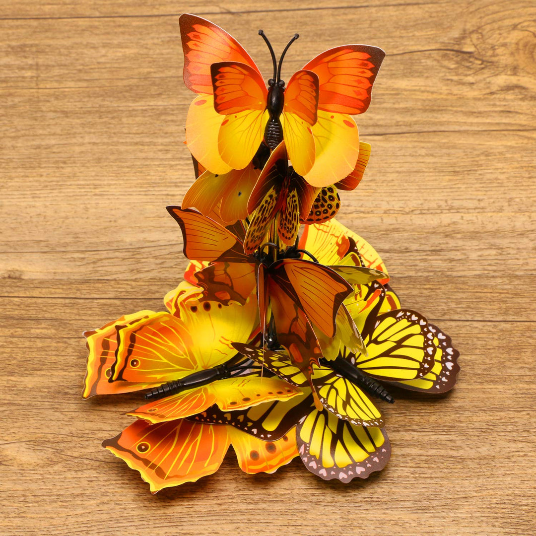 12PCS Double Wings 3D Butterfly Wall Stickers Decals DIY Art Crafts Decorations for Windows Refrigerator Bedroom Classroom Bathroom Home Office Birthday Party (Yellow)