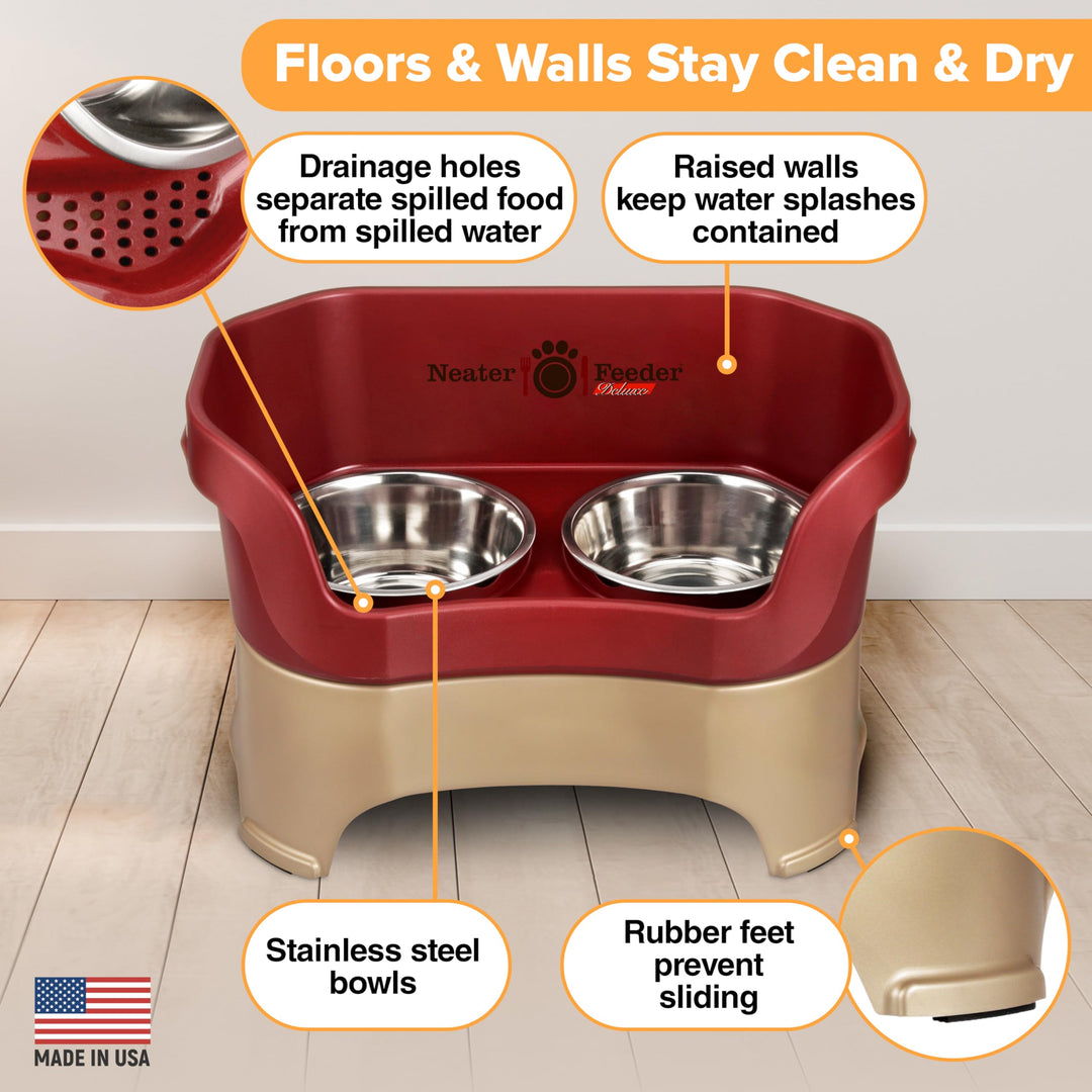 Neater Feeder Deluxe Mess Proof Dog Bowls Elevated for Large Breed – Made in USA – No Spill Raised Dog Food Bowl Stand – Stainless Steel Food and Water Bowl Set, Pet Dish Feeding Station, Cranberry