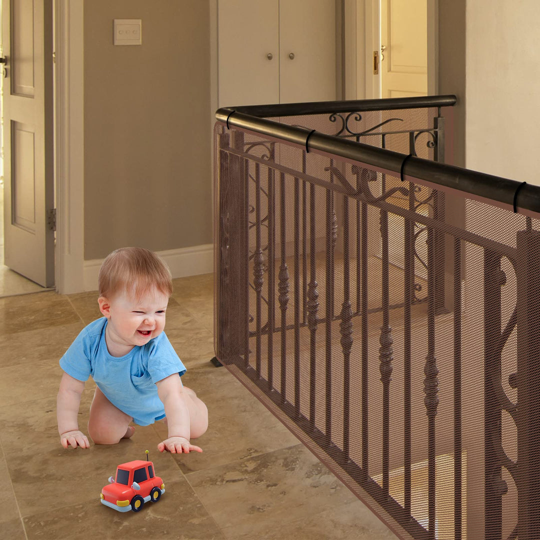 2 Sets Brown Baby Banister Guard, Kids Safety Stairway Net Child Rail Balcony Banister Net Proofing Pet Stair Railing Mesh Guard, Outdoor Toy Toddler Puppy Safe Stair Netting(20 x 3 Feet)