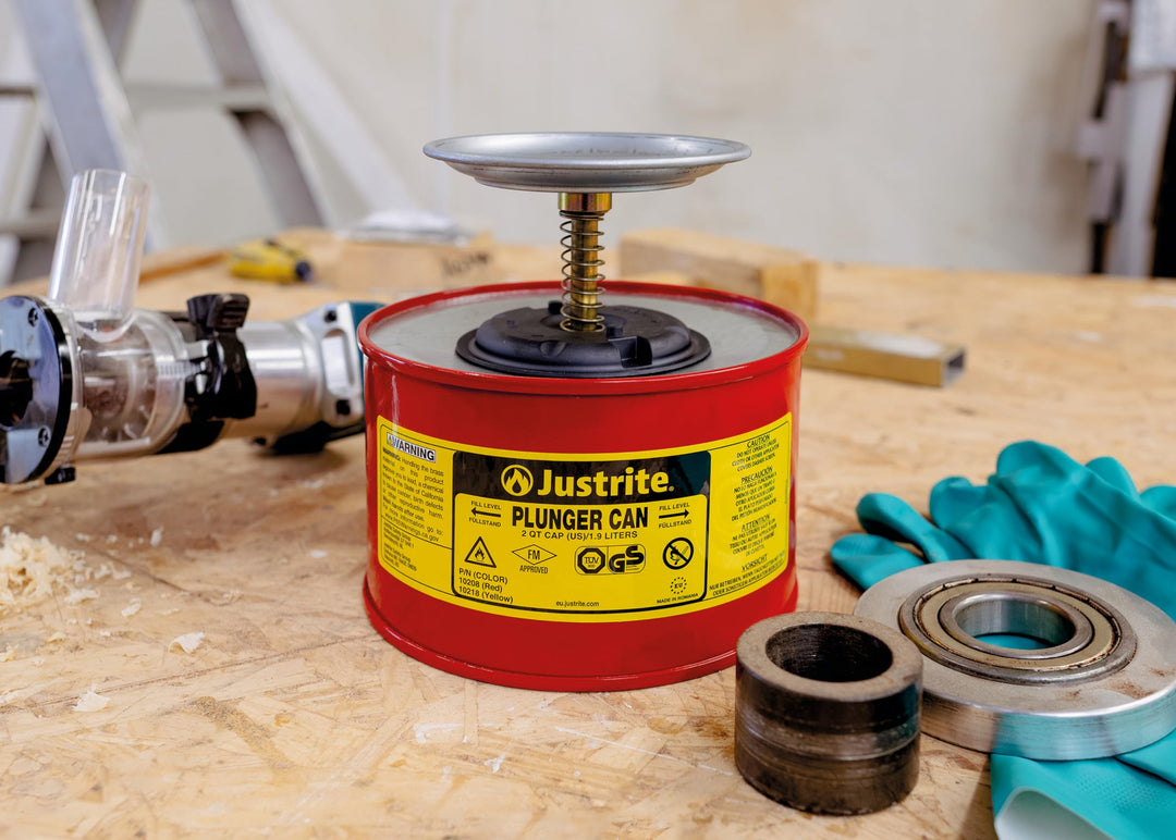 Plunger Can for Solvents, 2 Quarts Capacity, 7.4 x 7.25 Steel Push-Down Solvent Dispenser Can, Made in The USA Industrial Mechanic Tools, Red, 10208