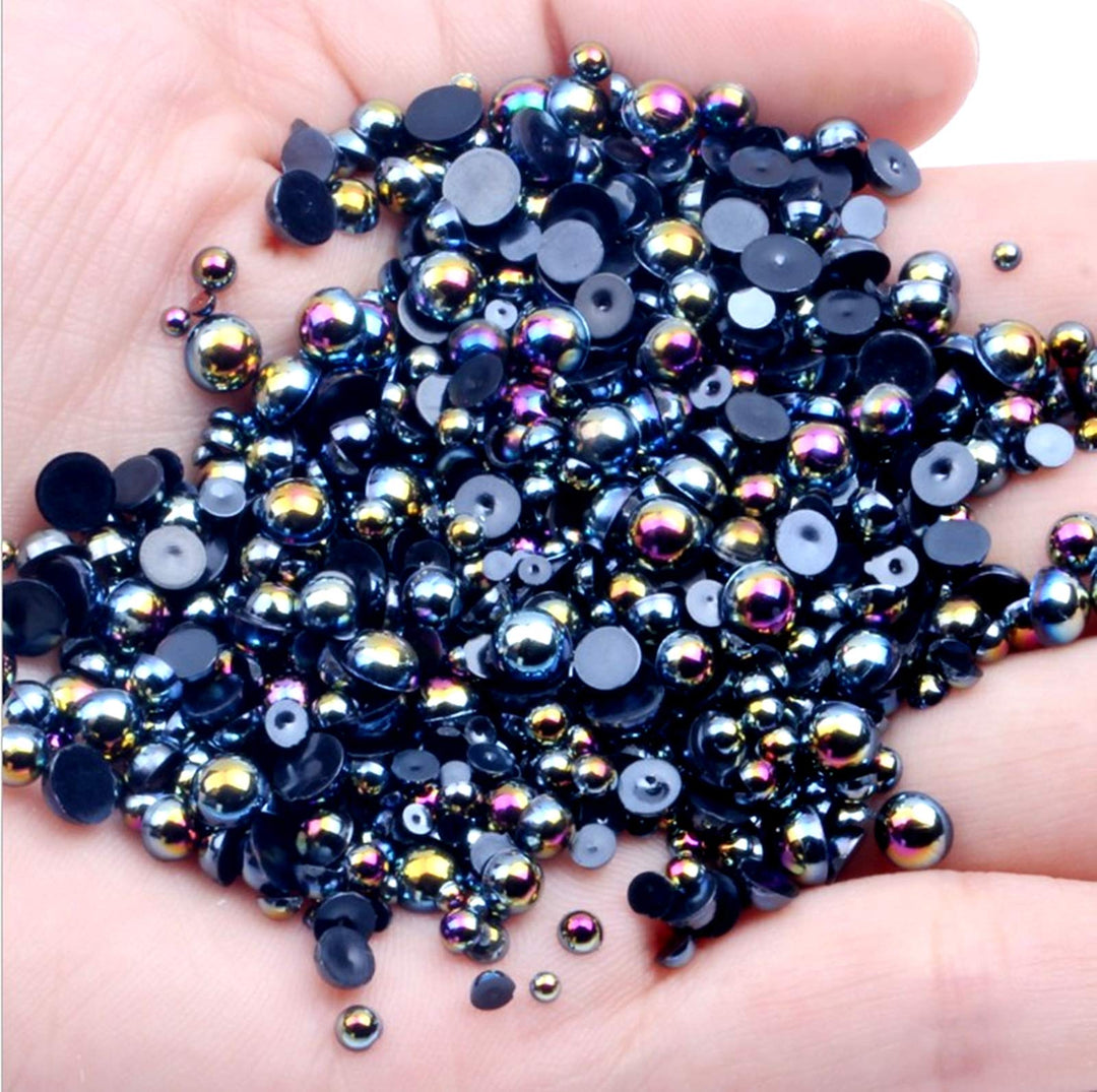 Amaney 2100pcs Black AB Satin Luster ABS Imitation Pearls Half Round Pearls Assorted Mixed Sizes 3/4/5/6/8mm Flatback Pearl Beads DIY Material (Black AB)
