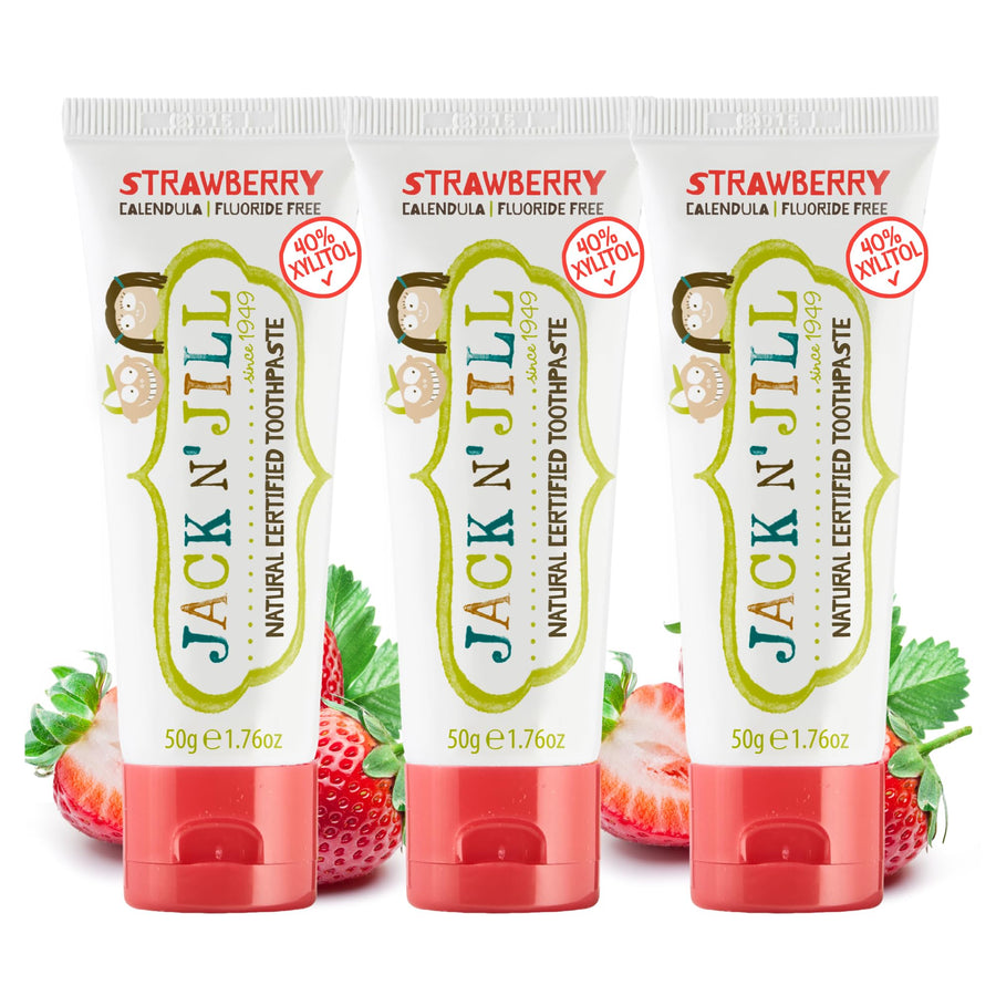 Jack N' Jill Natural Toddler Toothpaste for Baby, Kids and Infants 6 Months & Up, Fluoride Free Training Toothpaste for Toddlers 1-3, 40% Xylitol, BPA Free - Strawberry, 1.76 oz (Pack of 3)