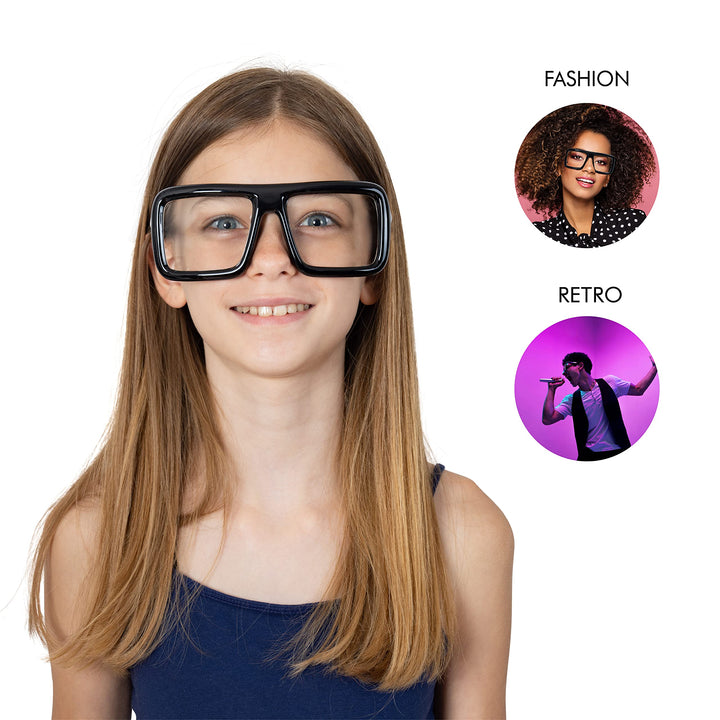 Black Oversized Thick Glasses – Shiny Square Frame Old Man Nerd Costume Accessory Clear Lens Spectacles for Adults and Teens
