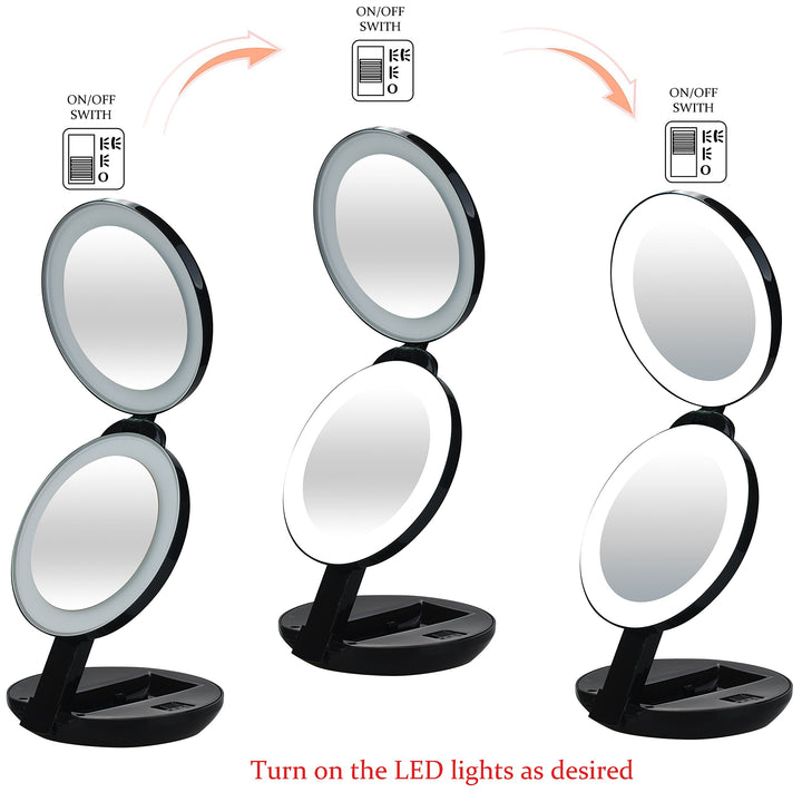 LED Lighted Travel Makeup Magnifying Mirror,Magnifies 10x and 1x, Luxury Double Side and Folding Pocket Vanity/Cosmetic Mirror (Black)
