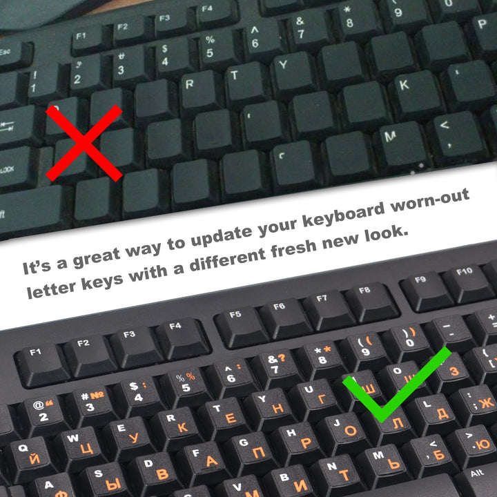 2PCS Universal Russian-English Keyboard Stickers, Matte Replacement Russian Keyboard Stickers with Orange Letters on a Black Background for Laptops and Desktops, Keyboard Alphabet Stickers