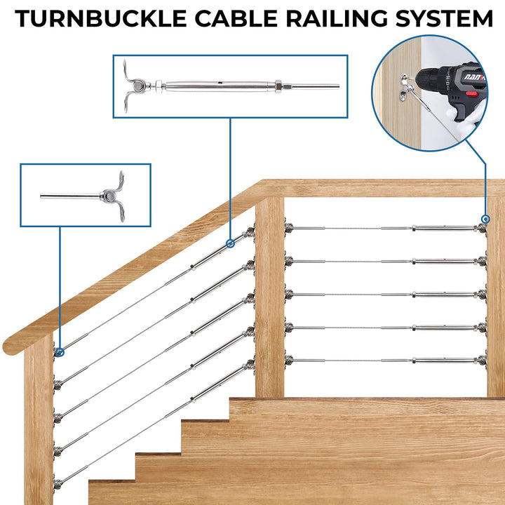 20 Sets T316 Stainless Steel Cable Railing Kit 180° Adjustable Angle Cable Railing Hardware Kit 1/8 Wire Rope for Wood Post, Adjustable Swage Toggle Turnbuckle Tensioner and End Fitting