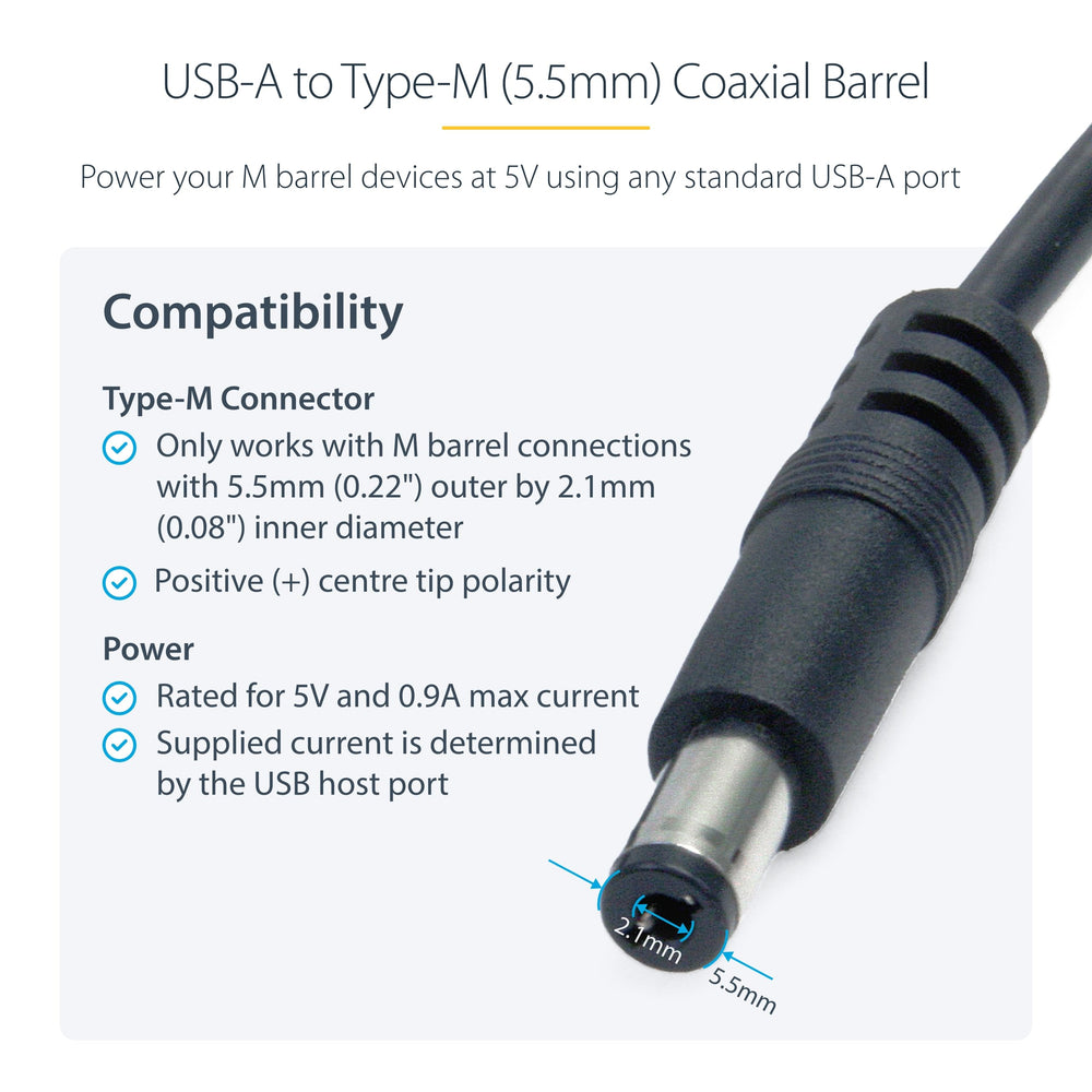3ft (91cm) USB to Type M Barrel Cable, USB to 5.5mm 5V DC Power Cable, Molded USB to Barrel Jack 5V DC Plug