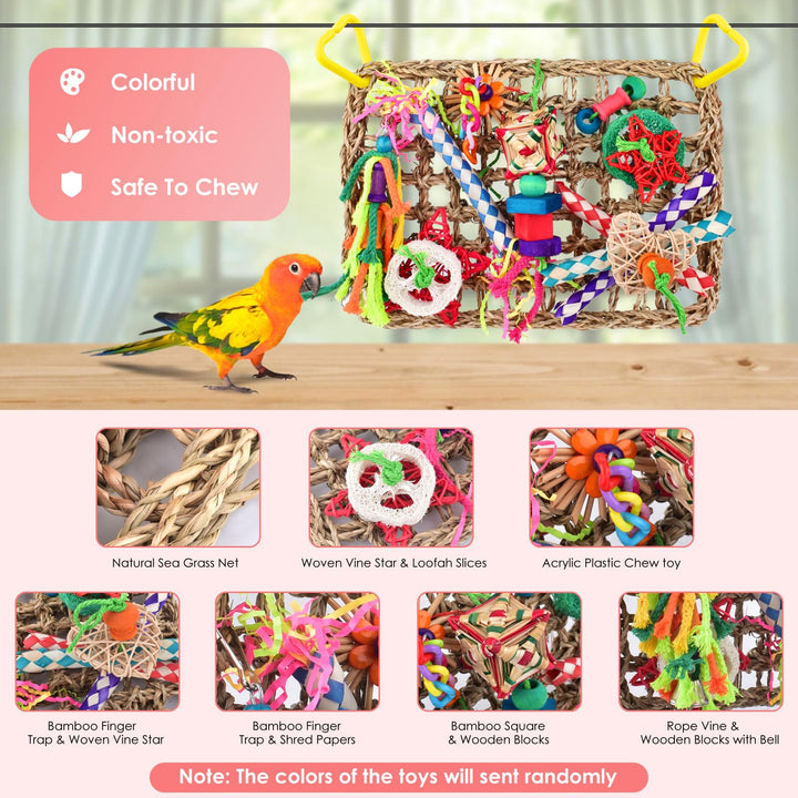 Bird Toys, Large-Sized Parrot Foraging Wall Grass Mat Conure Chewing Hanging Toys Cockatiel Climb Hammock Parakeet Toys for Small-Medium Birds