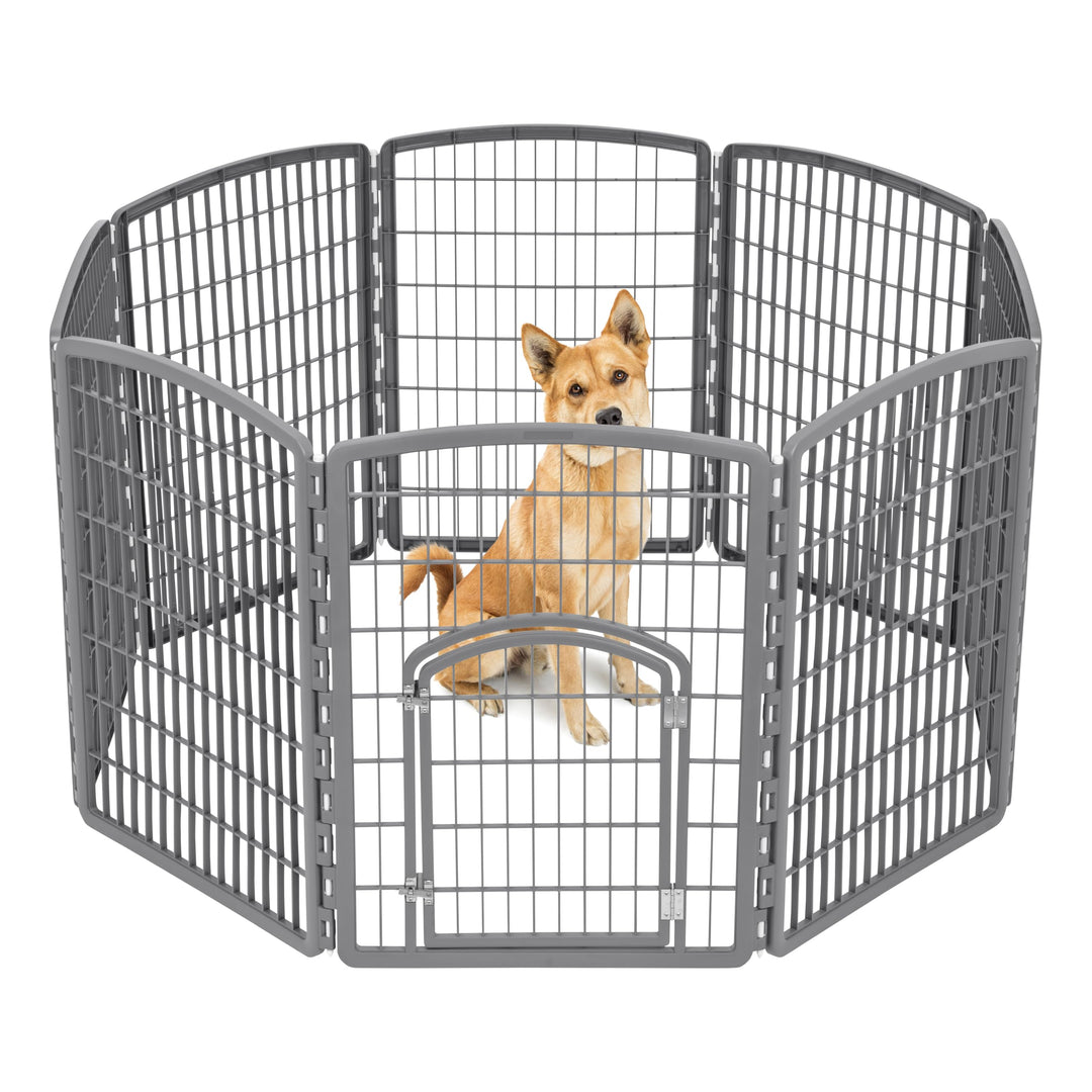 USA Dog Playpen, 8-Panel 34 Pet Playpen with Door, Puppy Playpen, Indoor/Outdoor Dog Pen, 63 x 63 x 34, Foldable, Customizable, Dark Gray
