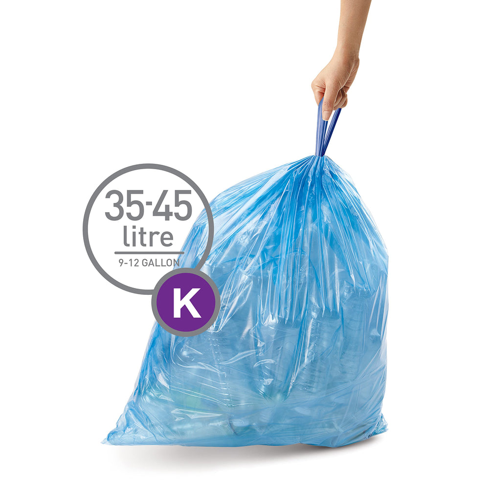 Code K 60 Count, Genuine Custom Fit Liners, Drawstring Trash Bags in Dispenser Packs, 35-45 Liter / 9.2-12 Gallon, Blue