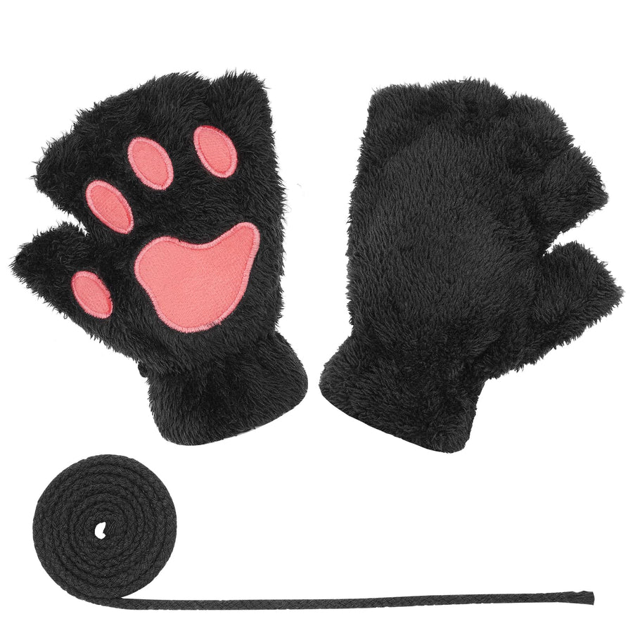 Cat Claw Bear Paw Fingerless Winter Plush Gloves 1*Pair(Black)