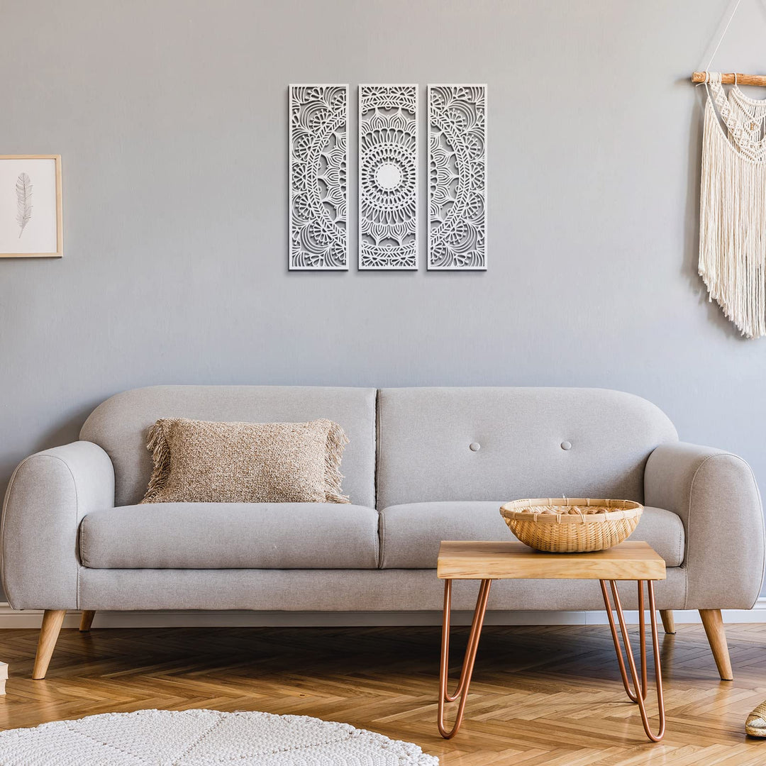 3pcs Mandala Wall Art Carved Wood Wall Art Floral Aesthetic Wooden Plaque Set Wood Carving Wall Decor Farmhouse Modern Cutout Wood Wall Plaque for Home Bathroom Decoration (White, 15.8 x 5.1 Inch)